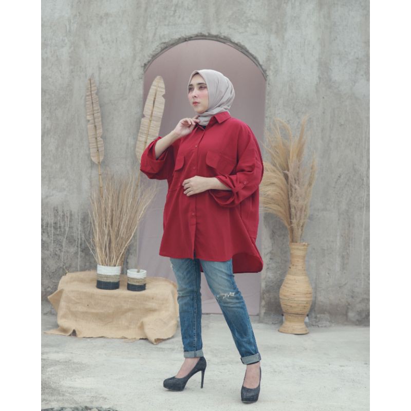 KEMEJA WANITA OVERSIZE POLOS K-2-Maroon
