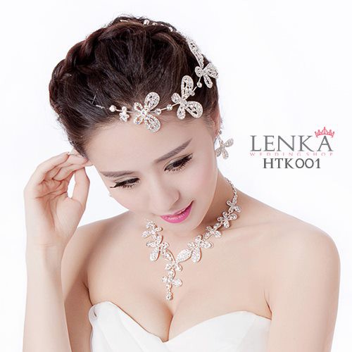 Paket Tiara Kalung Anting Kupu-Kupu Aksesoris Wedding Modern Lenka - HTK001