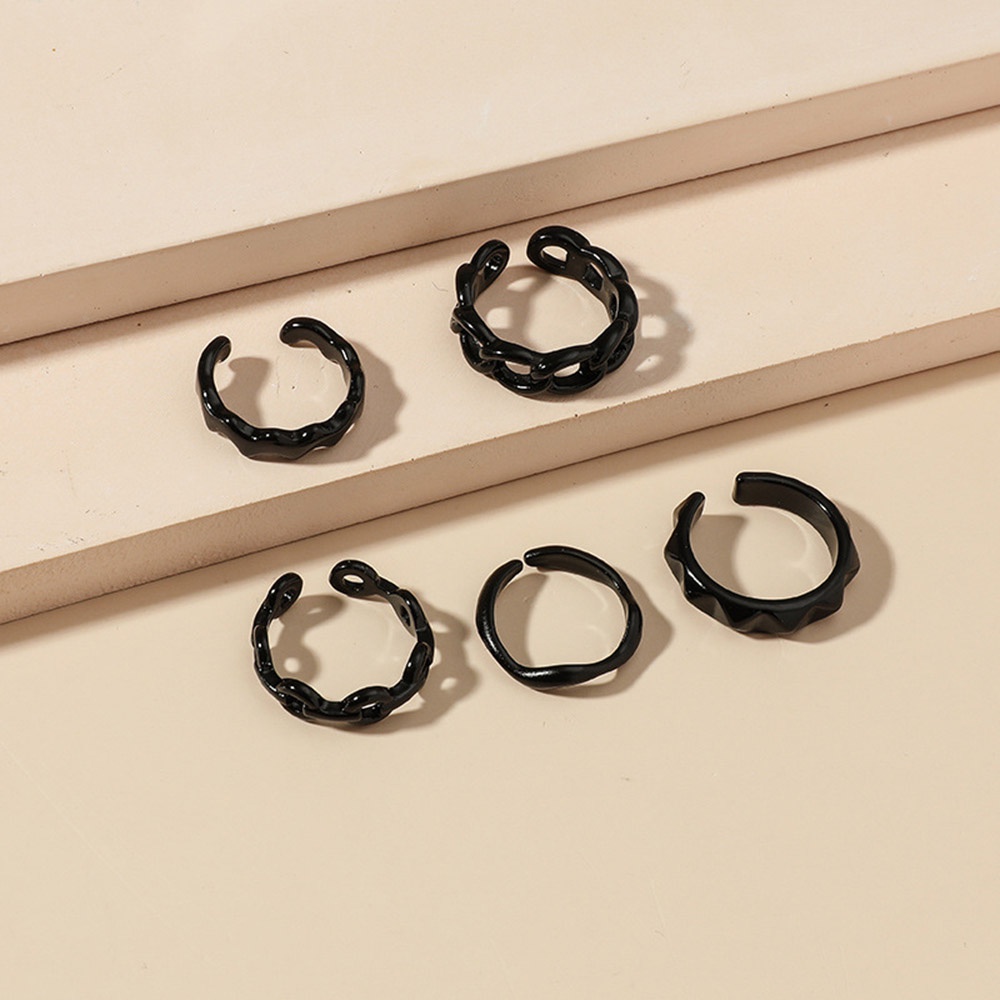 5pcs / Set Cincin Buku Jari Model Terbuka Desain Rantai Geometris Warna Hitam Gaya Punk Vintage Untuk Wanita-3