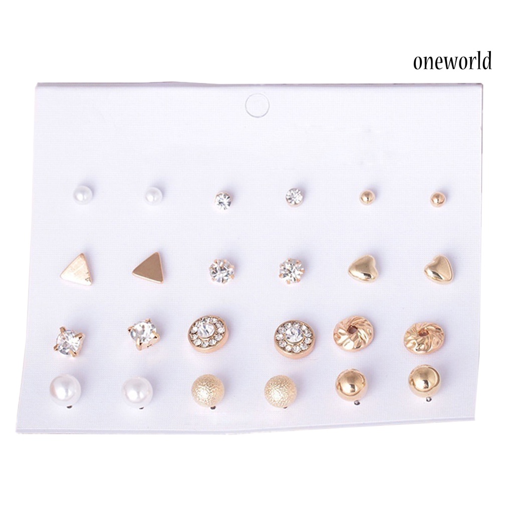 OW@ 12 Pairs Ear Studs Various Shape Rhinestone Women Earrings for Party