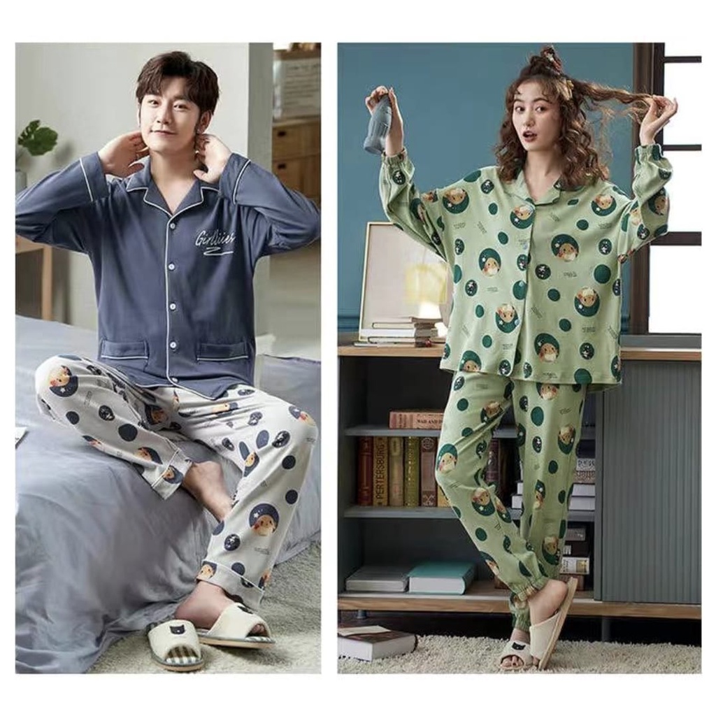 Baju tidur piyama pp couple bahan kaos import model kra kancing