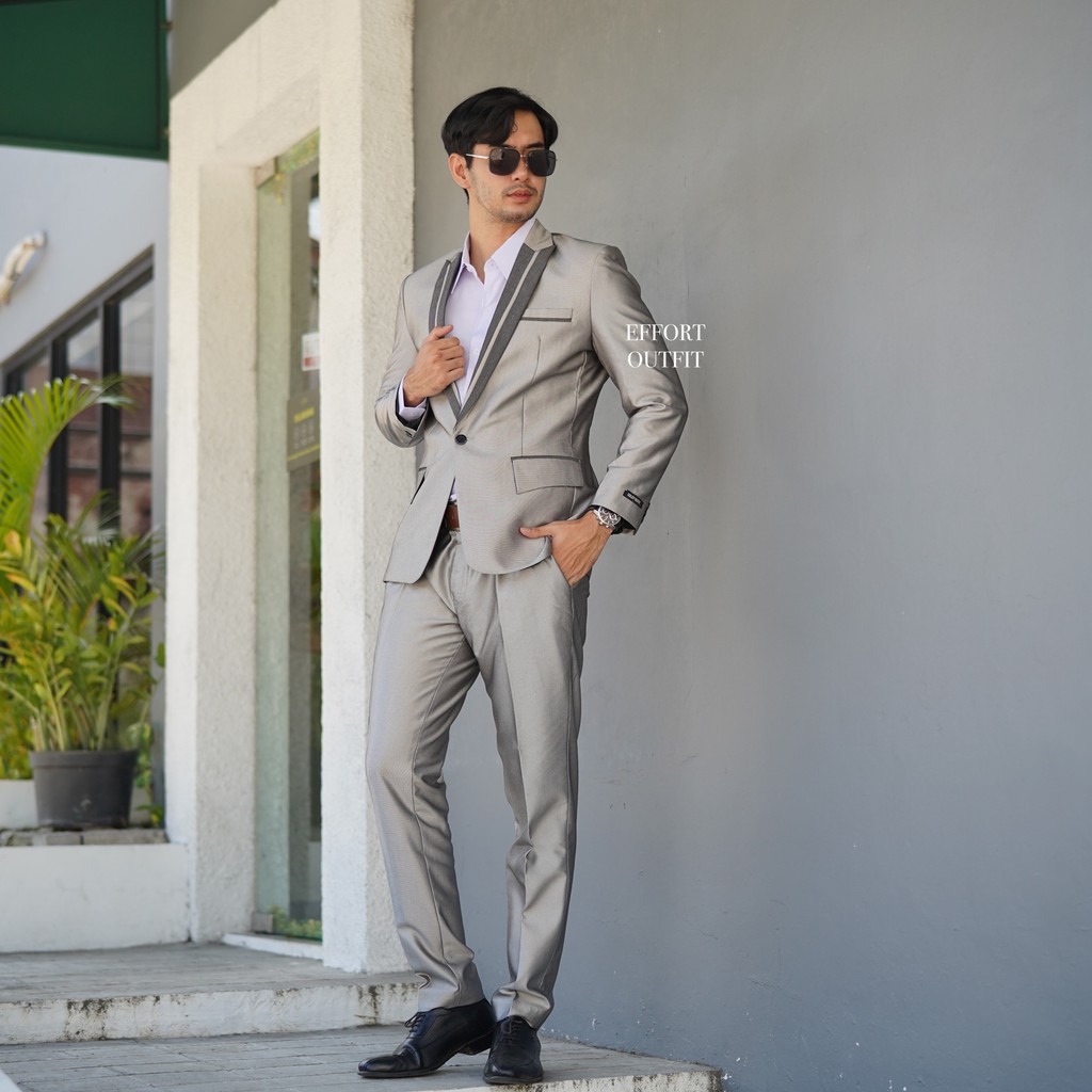 Jas Silver mengkilap dengan list - Setelan jas wedding silver list