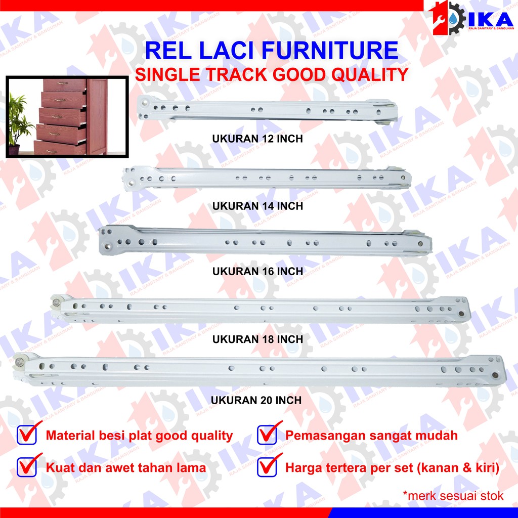 Rel Laci 30 35 40 45 50 cm 1 set (2 pcs). Biasa Roda Singel Track Putih Stainless