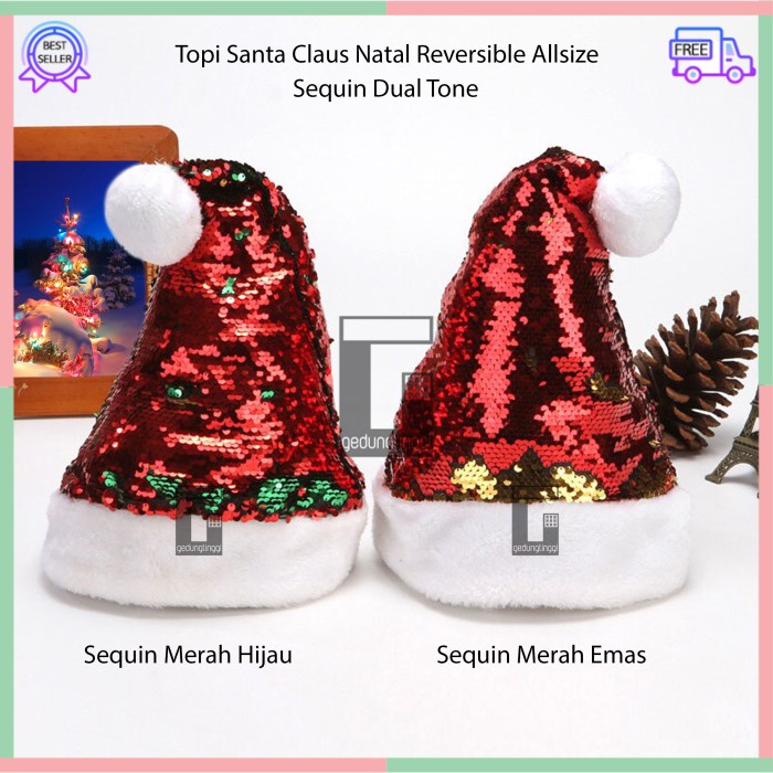 Topi Aksesoris Aksesories Asesoris Asesories Acesories Accesories Accessories Tema Pesta Acara Natal Merry Christmas Xmas Party Hat Anak Dewasa Pria Wanita Unsex Motif Santa Claus Sequin Payet Reversible Bolak Balik Dua Warna Merah Hijau Emas Gold Allsize