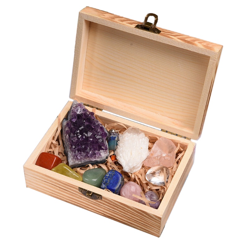 SIY  11Pcs Crystals and Healing Stones Kit With Wood Box 7 Raw Chakra Pendulum Stones