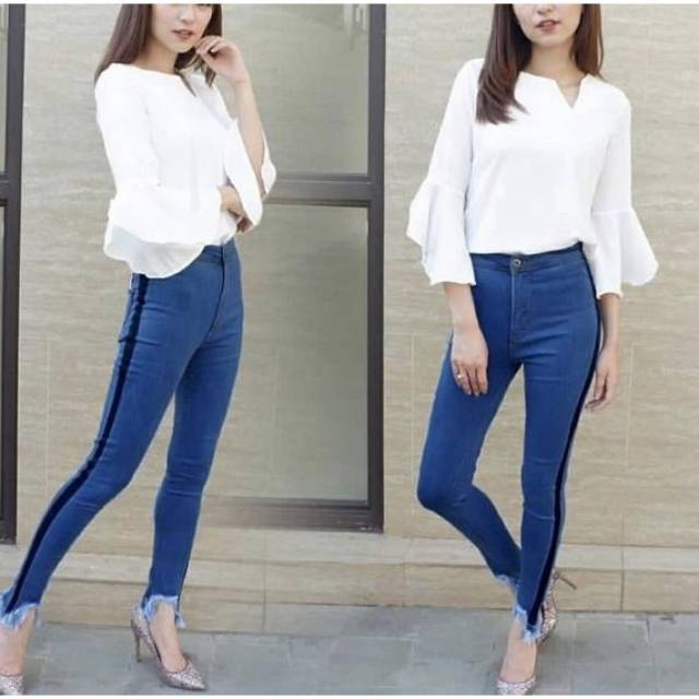 Celana jeans wanita jeans kolor skinny jeans street rawis strip