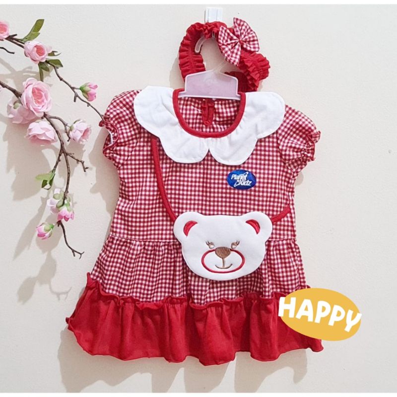 DRESS MOTIF BEAR BONUS BANDANA BAJU ANAK BABY (0-7BLN)CEWEK LUCU MURAH