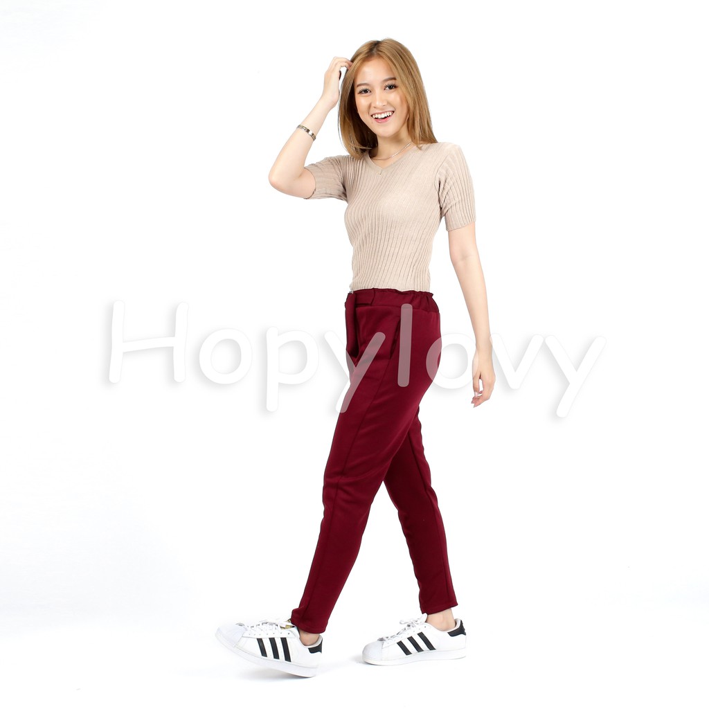 HOPYLOVY - Celana Panjang Wanita Bahan Scuba Tebal / Celana Bahan Wanita / Celana Kerja Variasi Ring Belt Ragna