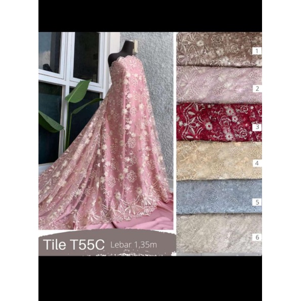 {ABC TEXTILE} TILE BROKAT BORDIR T55C / BROKAT TILE MOTIF BUNGA (per ½ meter)