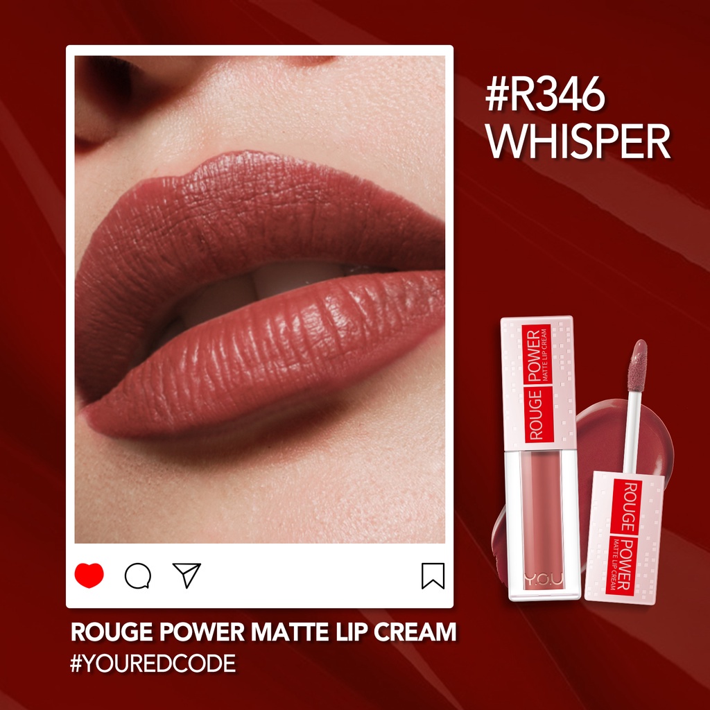 YOU Rouge Power Matte Lip Cream 5gr | Matte Finish, Tahan Lama, Waterproof, Nourishing + Manuka Honey | Lip Matte | Lipstick | BPOM