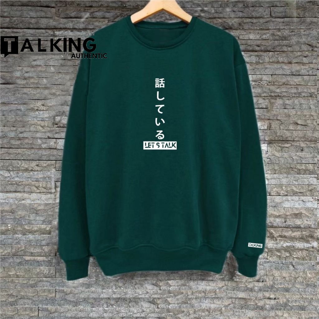 Sweater Pria Distro Japan Crewneck Hitam Sablon Suiter Cowok Jumbo Switer Krunek  Oversize Bigsize-Hijau Botol