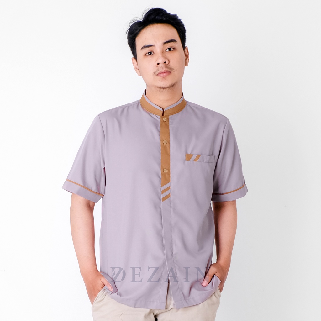 Koko Muslim Dezain Lengan Pendek KK2201 - Warna Abu Tua Kombinasi Coklat