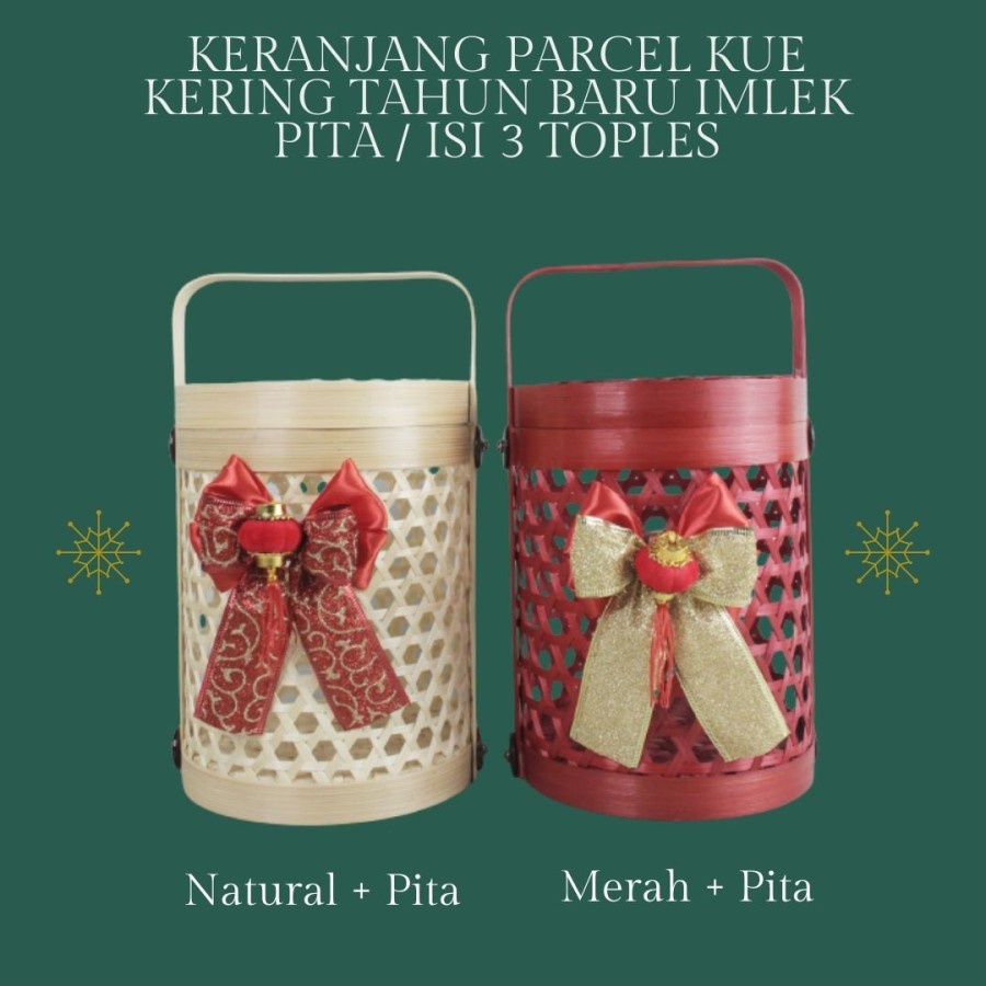 Keranjang Parcel Kue Kering Imlek / Rantang Bambu Imlek / Isi 3 Toples + Pita