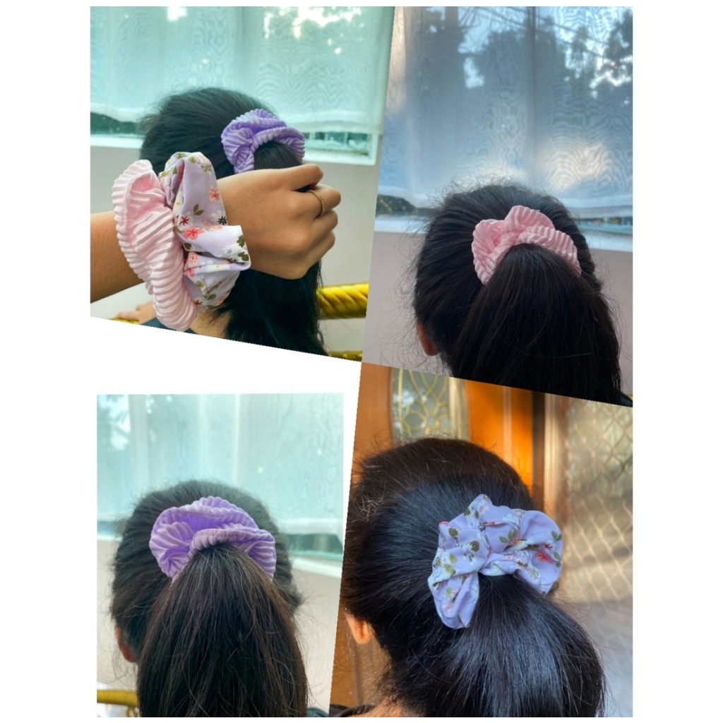 Ikat Rambut Scrunchies JX 1600 Ikat Rambut Korea - Ikat Rambut Terbaru - 3in1 - Pink, Lilac, Flower