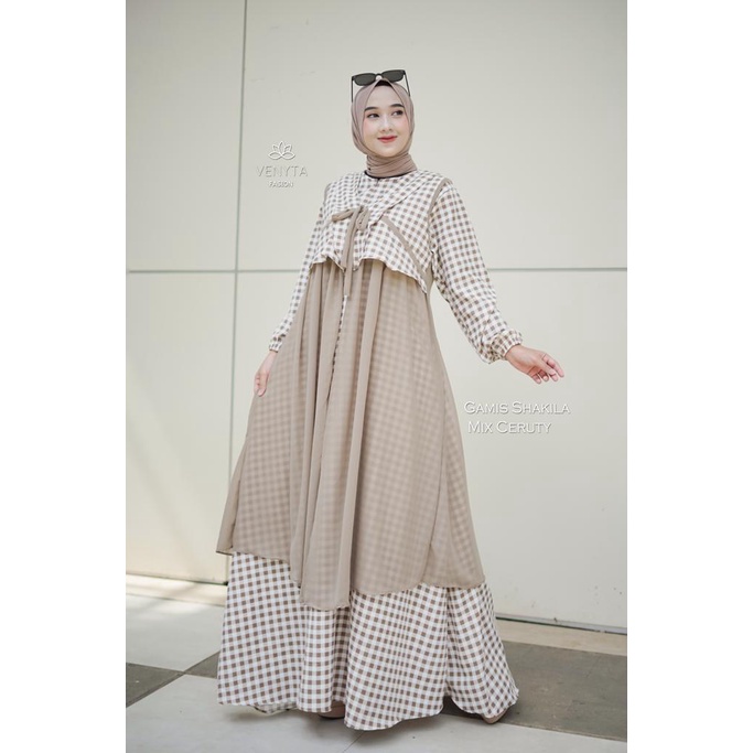 Gamis set outer 2in1 ceruty venyta elsyifa berbagai motif rara lula lulabi lulana ceruti babydoll longdress baju muslim busana muslimah modern ootd fashionable selebgram hits modis reseller dropshiper cardigan rompi baju muslim modern modis