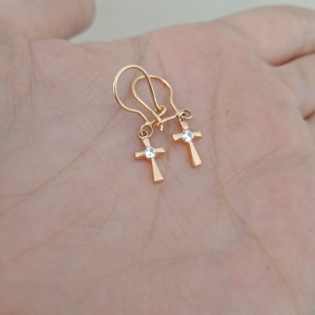 Anting salib permata putih anak dan dewasa emas asli kadar 70% 700 16k 22 gold gantung