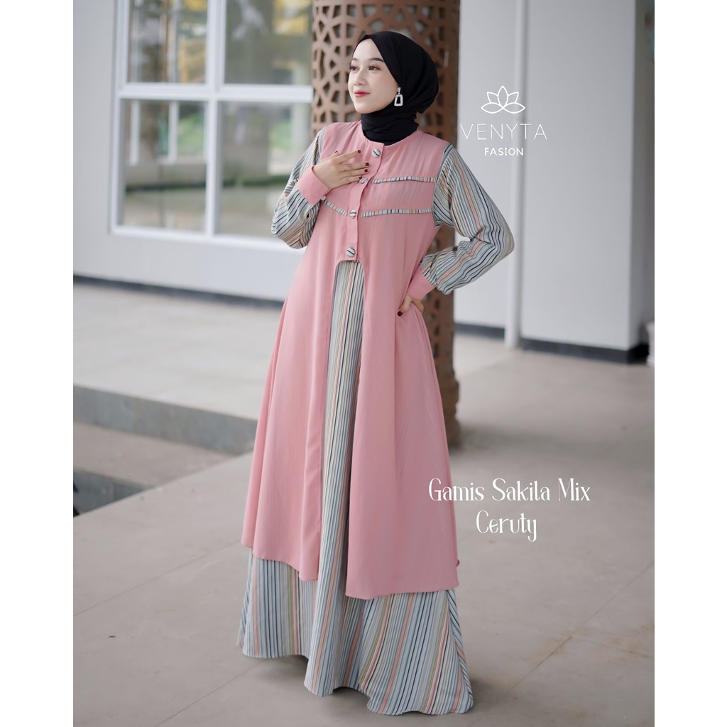 Gamis outer 2IN1 SAKILA SET OUTHER CERUTY LALA LYLA GAMIS TRENDY WANITA MASA KINI ORIGINAL VENYTA MOTIF SALUR shanglow shan glow pisah rompi cardigan