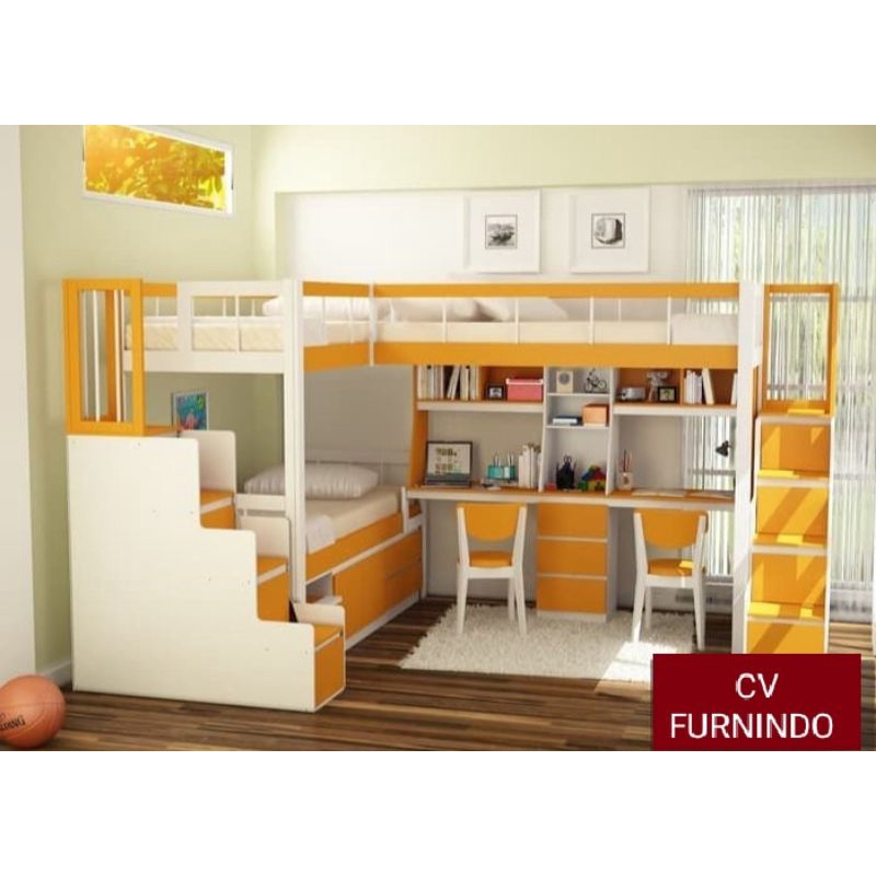 Tempat tidur anak tingkat dan meja belajar