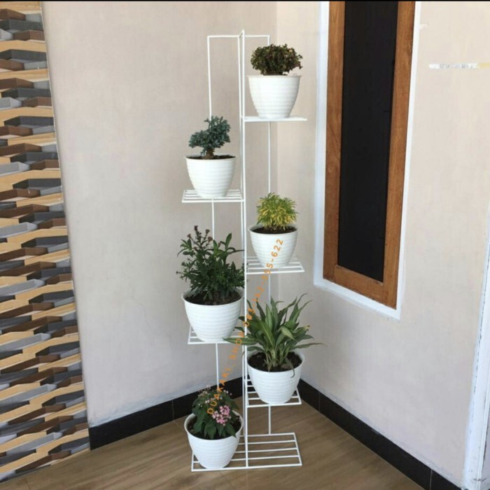 standing rak pot 6 susun/rak pot tanaman hias/rak pot besi/rak bunga. - Putih