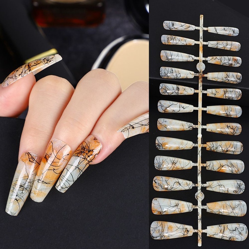 [24Pcs/Box 12 Different Size Natural Vignetting Brushing  Full Cover Long Ballerina Coffin Fake Nails] [Clear Acrylic Artificial False Nails Tips] [DIY Nail Art Accessories]