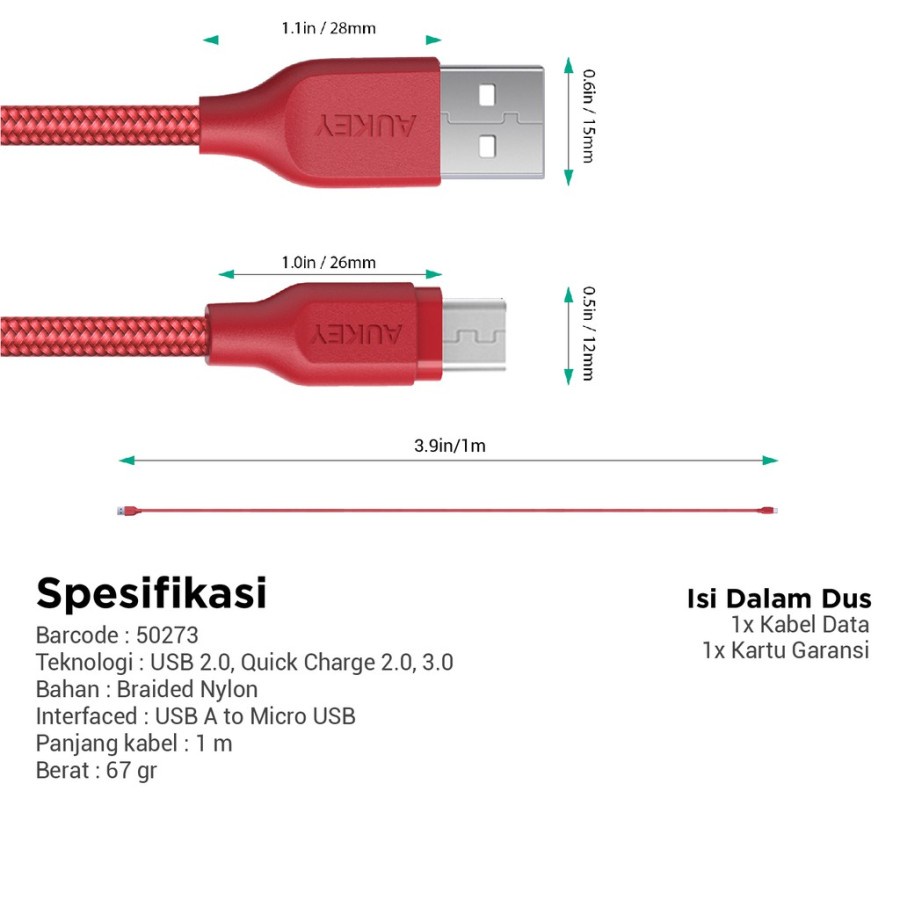 Kabel Charger Micro Aukey CB-AM1 1M Braided Red - 500273