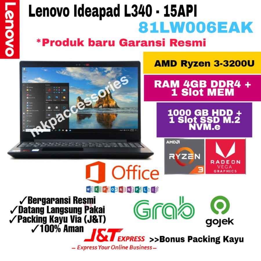 Laptop Lenovo L340-15API AMD Ryzen 3/RAM 4GB/HDD 1TB/4gb Pabrik/Garansi 1 Tahun