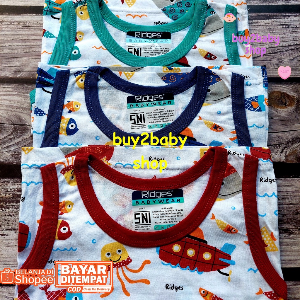 3 PCS Singlet anak bayi kaos lengan kutung Ridges warna motif sablon usia 0-2 Tahun 1-3 PCS