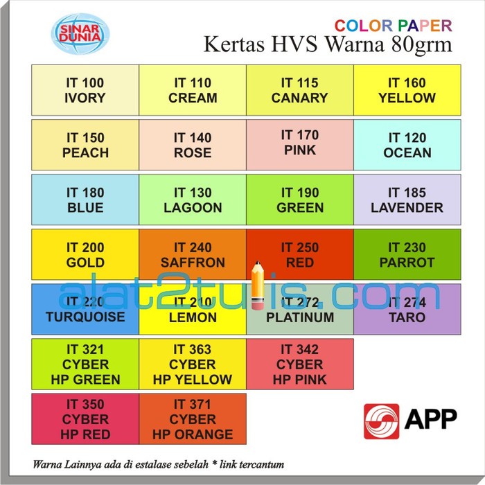 

Order Langsung HVS WARNA 80grm / Kertas A4 ( 20 lembar / pak ) Murah