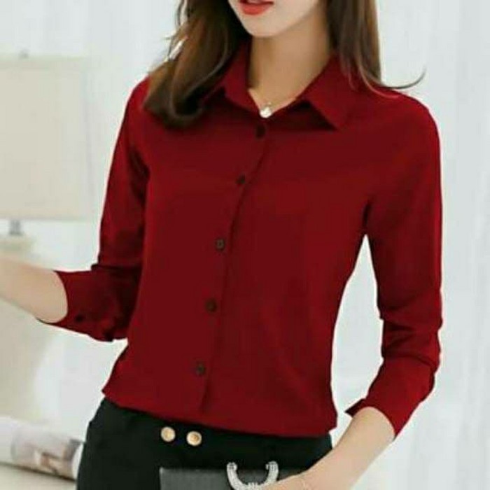 Spesial kemeja formal wanita lengan panjang maroon - Merah, Allsize Diskon