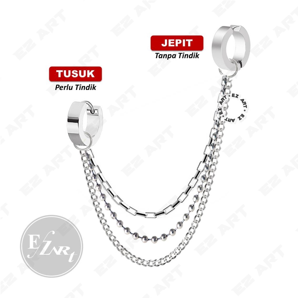 Anting Fashion Cowok Triple Helix 3 Tipe Sambungan Rantai Jepit Tusuk Variasi Bandul Gaya Punk Korea KPOP BTS Stainless Steel Kode EZ-D