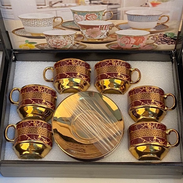 Cangkir Teh/Kopi Keramik Motif Marmer Set 12pc