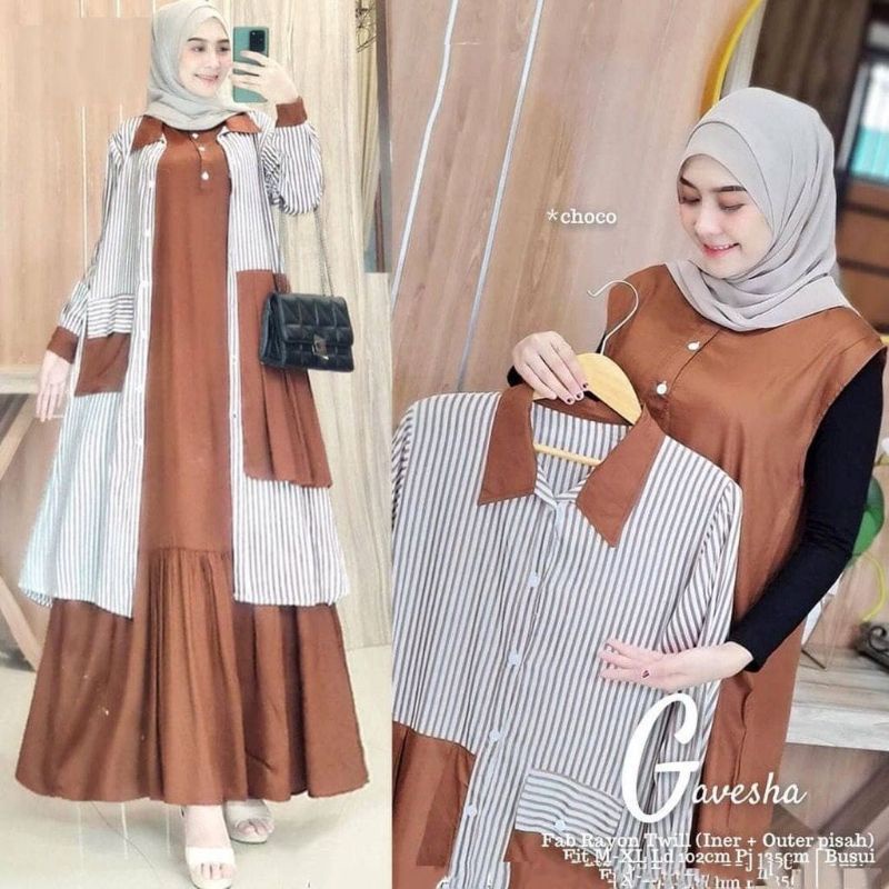 Set Murah Fashion 2022 / Gavesha Set 2 In 1 / Setelan Baju Gamis + Outer  Terbaru 2022 / Set Dress M