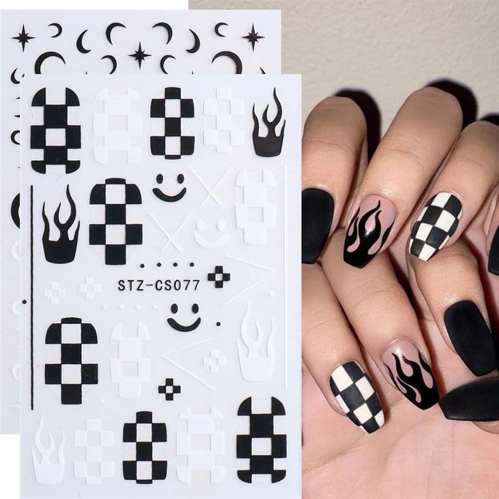 AUGUSTINA Agustina Checkerboard Stiker Kuku Bintang Pesona Bulan Motif Kotak-Kotak Perekat Api DIY Nail Art Alat