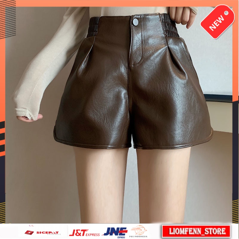Celana Pendek Wanita Korea Korean Fashion Wide Leg Leather Shorts Women  New Autumn Winter Solid Pu 