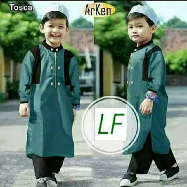 KOKO ANAK ARKEN BAJU MUSLIM ANAK KOKO WARNA HIJAU POLOS STEL CELANA umur 1-10 tahun