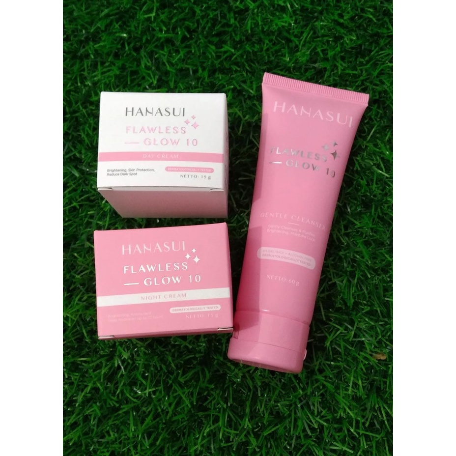 PAKET HANASUI FLAWLESS 10 PINK 3 tanpa power essenc ( Day,,Night,Facial Wash )/HANASUI