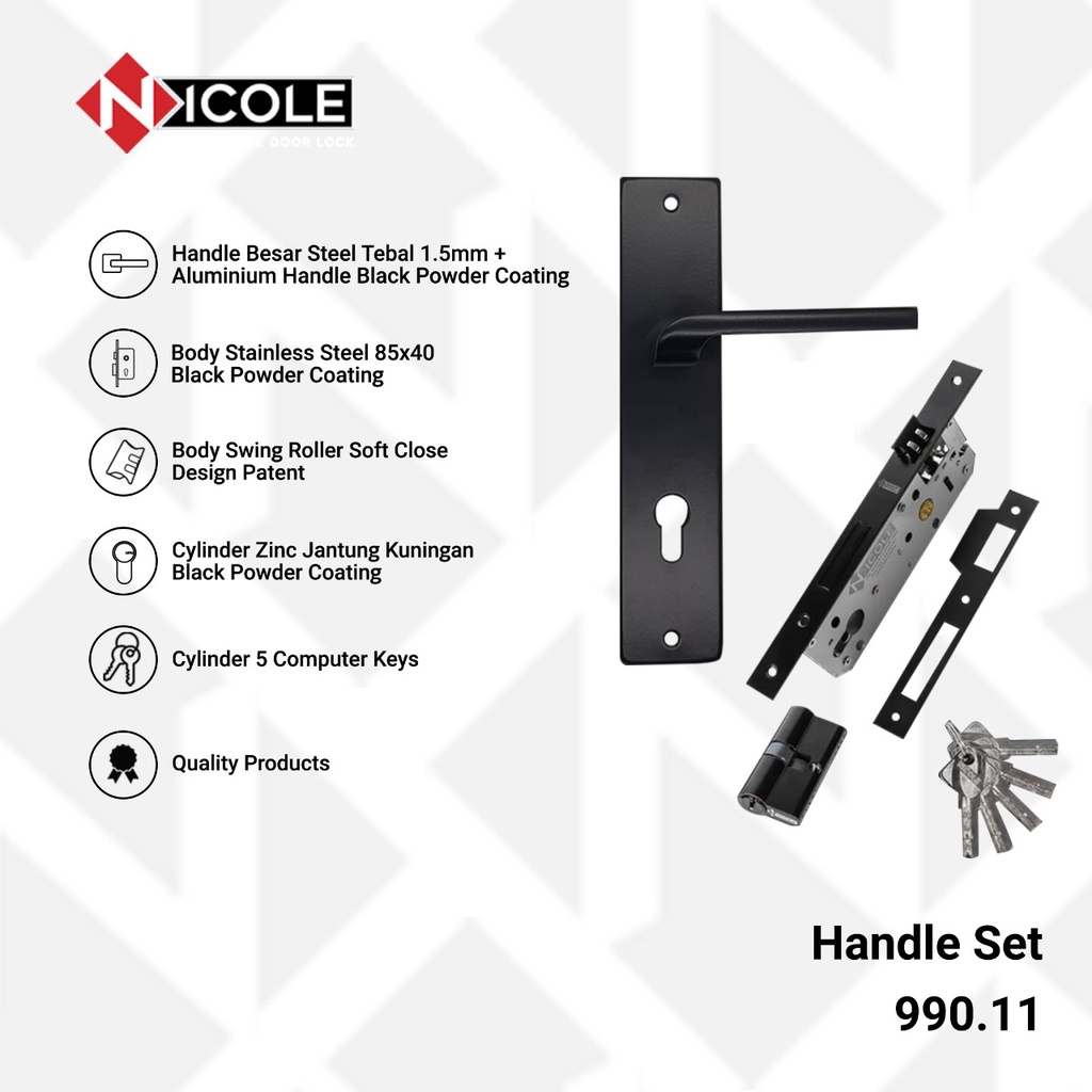 Gagang Pintu Set Hitam Doff / Handle Black Doff Series Set / Matte Black - 990.11