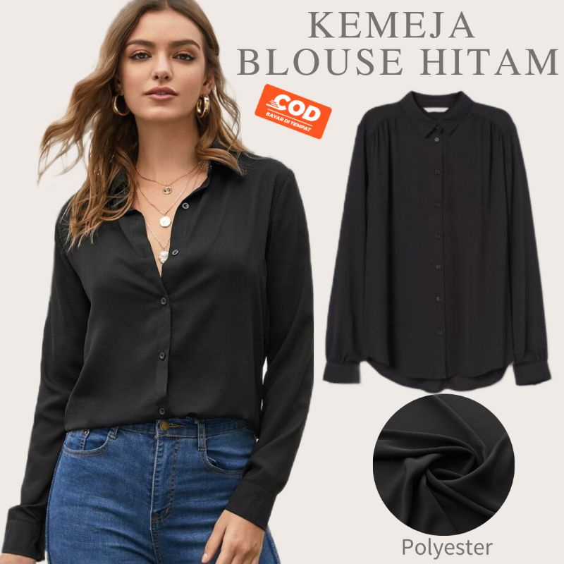 Kemeja Wanita Hitam Atasan Lengan Panjang Kekinian Black Blouse Woman
