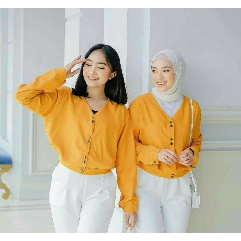 Blouse Crop Premium / BAJU BLOUSE CROP WANITA FRISCA TANGAN BALON POLOS