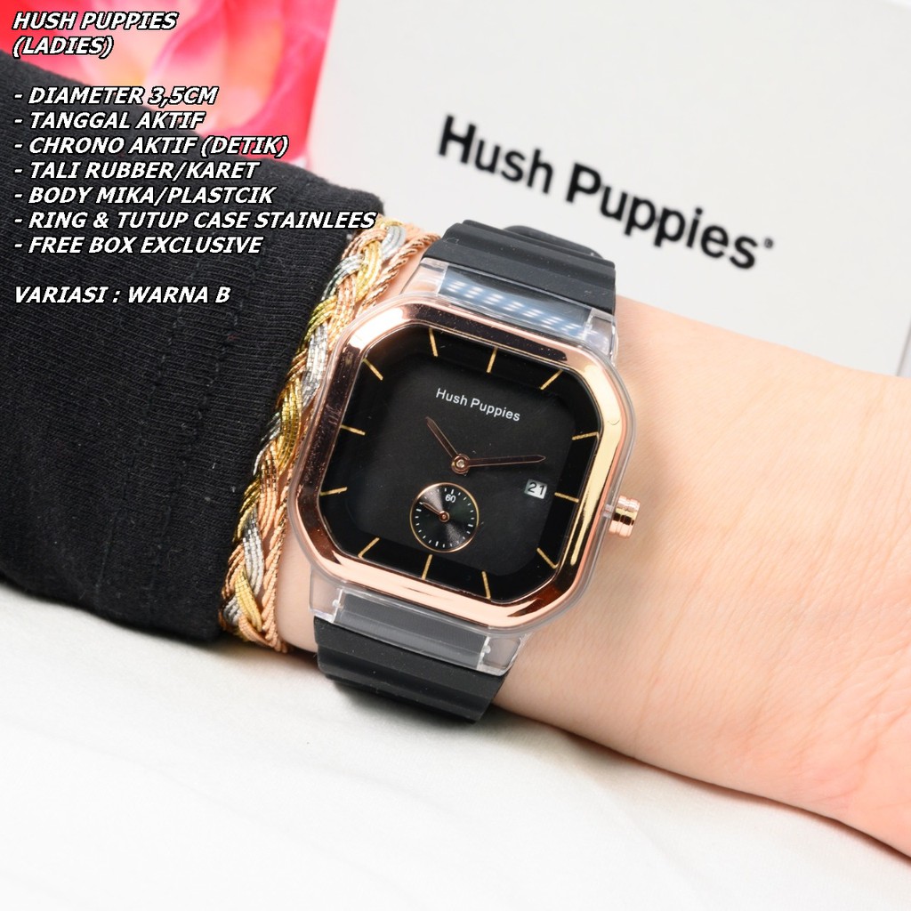 JAM TANGAN WANITA HUSH PUPPIES TALI RUBBER BODY SEGI TANGGAL &amp; CHRONO AKTIF