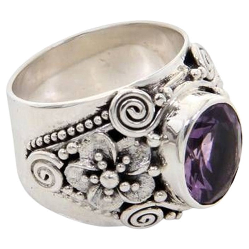 Cincin Natural Amethyst Perak925 Sterling Vintage Ukir