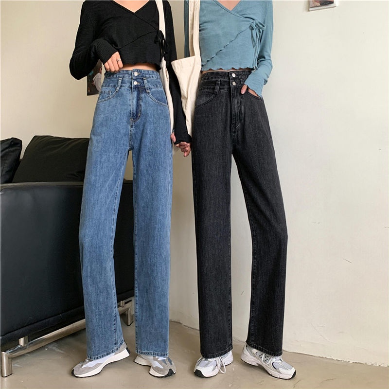 ✅COD JEANS HIGHWAIST PANTS  DENIM BLACK/BLUE/BLUE-BLACK LOOSE KOREA （Two Buttons）