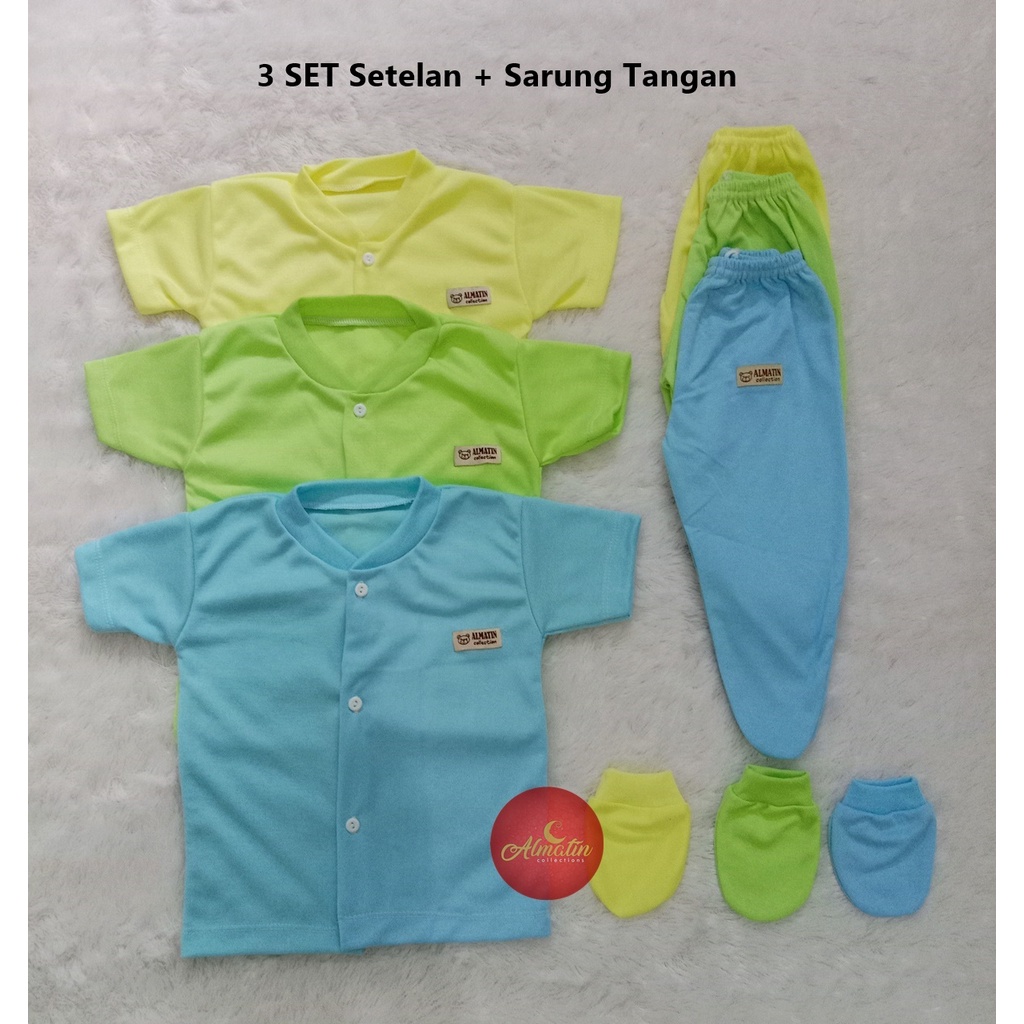 3 Set Setelan Piyama Pendek + Sarung Tangan Bayi / Piyama Tutup Kaki Pendek Almatin