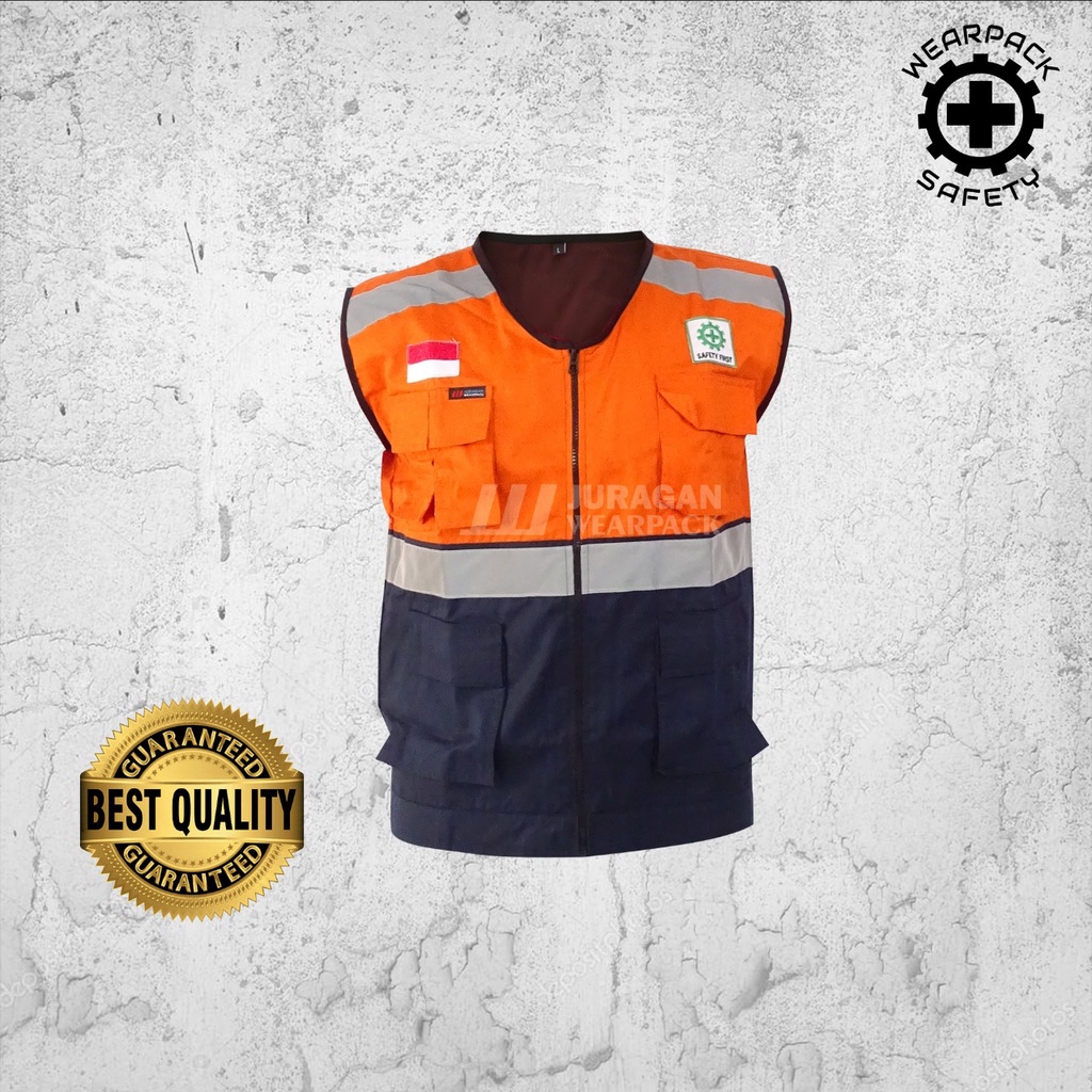 Rompi Safety K3 / Rompi Kerja Pria Warna Orange Kombinasi Biru Navy