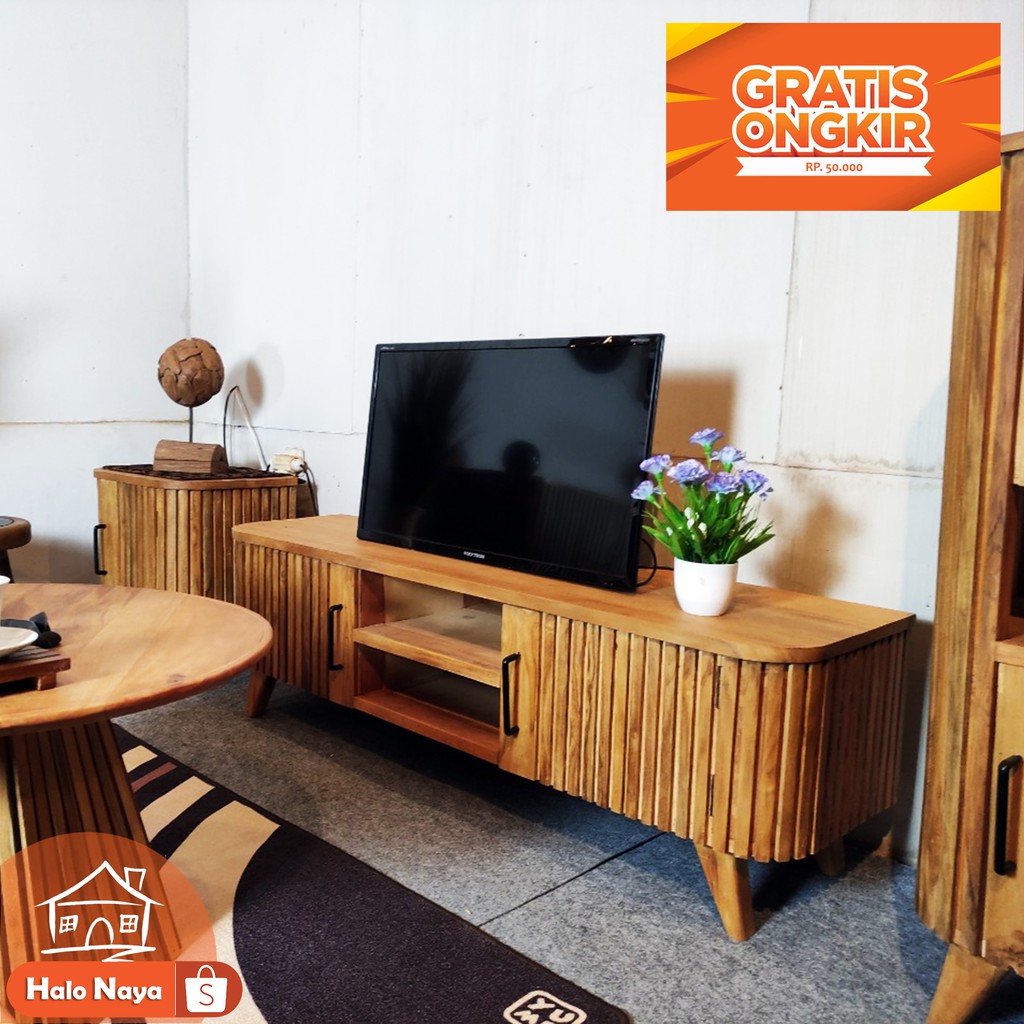 Meja Buffet TV Kabinet Kayu Solid Natural Bufet Rak TV Retro Minimalis Asli Buatan Jepara HALO NAYA