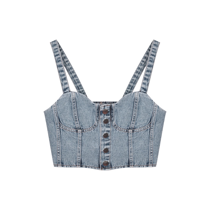 Suhao Tanktop denim kamisol wanita musim panas retro Eropa dan Amerika hot girls gaya pendek cropped pusar di dalam dan luar memakai top in pasang