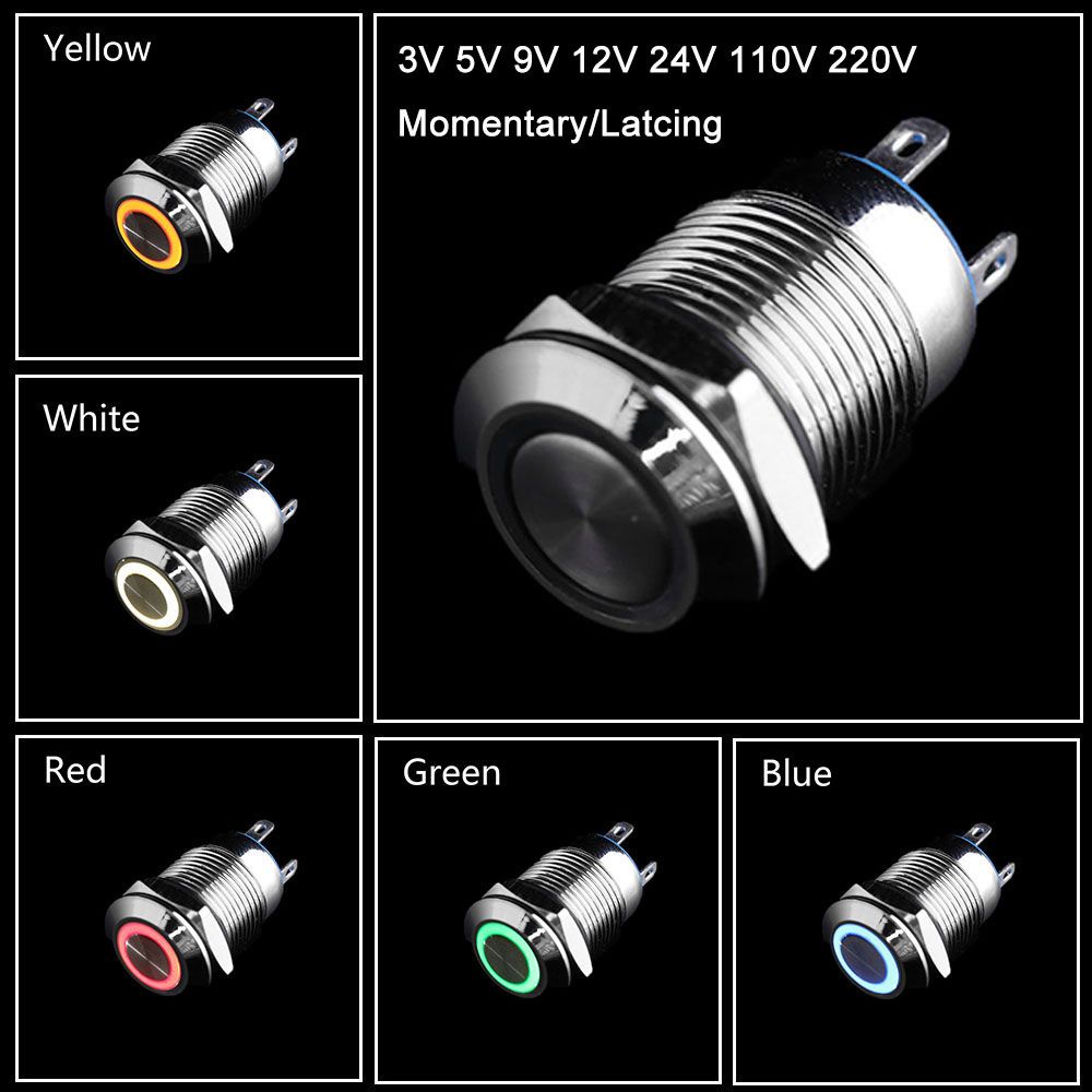 TOP Waterproof Momentary/Latching Red Blue Green Yellow White LED Metal Button Switch New 3V 5V 9V 12V 24V 110V 220V Push ON/OFF 12mm/Multicolor