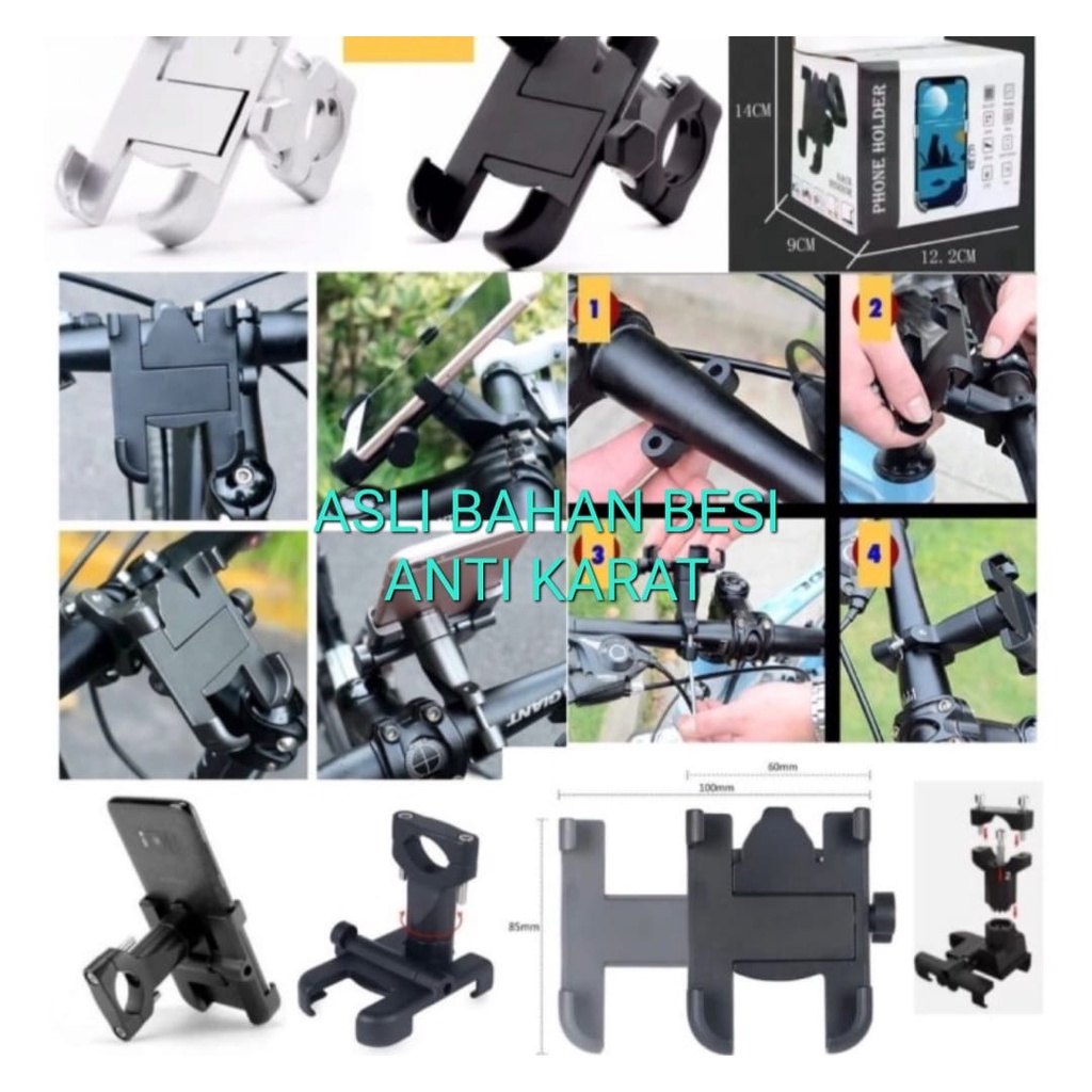 J448 HOLDER HANPON SEPEDA MOTOR ASLI BAHAN BESI ANTI KARAT STANG SPION GPS ALMUNIUM BRACKET PEGANGAN GANTUNGAN PENGAMAN UNIVERSAL TEMPAT HANDPHONE PENYANGGA STAND STANDING BISA SEPEDA BISA MOTOR BISA DIGUNAKAN MAX 7 INCI COCOK BUAT OJOL MAUPUN PRIBADI