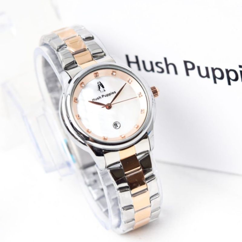 BISA COD JAM TANGAN WANITA HUSH PUPPIES RANTAI BULAT DIAMOND TANGGAL AKTIF HP1958