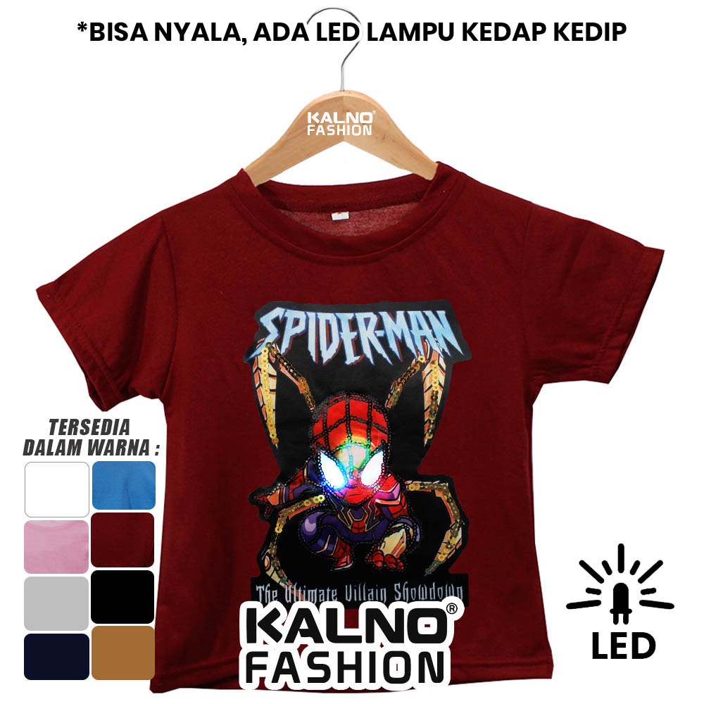 Baju anak cowo cewe karakter SPIDRMAN SP446 LED umur 1 - 7 tahun Random Ukuran S M L XL Bahan Katun polyester umur 1 - 7 tahun